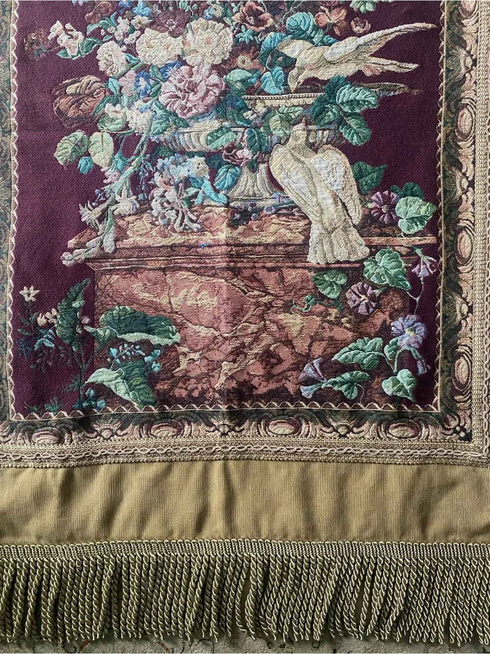 Vintage Wall Tapestry Aubusson Style Floral Birds Fringe Woven Textile 55” x 37”
